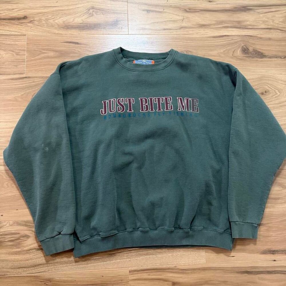 Vintage 90s Round Rocks Fly Fishing "Just Bite Me" Rare Sweatshirt XL made USA - Picture 1 of 6